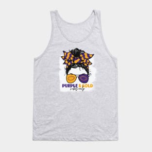 Purple and Gold Vibes Only Football Mom Messy Hair Gameday Tank Top